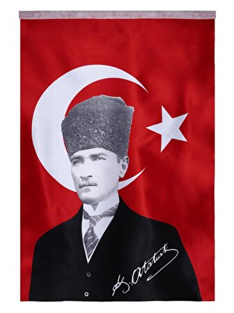 Türk Bayrağı 3 Adet Kalpaklı Atatürk Posterli Saten Türk Bayrağı K.Atatürk İmzalı Türk Bayrağı 70x100