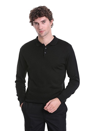 Siyah Regular Fit Düz Polo Yaka Triko Kazak | S