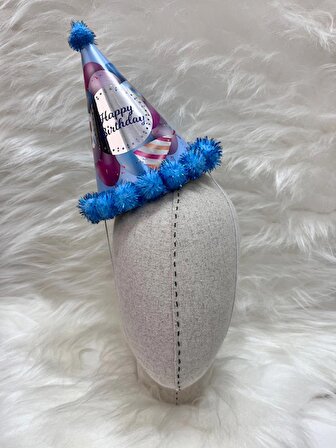 Happy Bırthday Yaldızlı Parti Şapka Mavi Ponponlu 18 cm