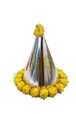 Happy Bırthday Parlak Parti Şapka Sarı Ponponlu 19 cm