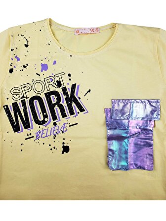 Kız Çocuk Fosforlu Cepli T-Shirt Baskılı WORK