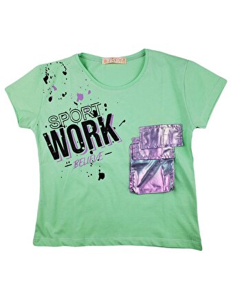 Kız Çocuk Fosforlu Cepli T-Shirt Baskılı WORK