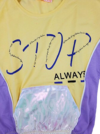 Kız Çocuk Beli Büzgülü Tişört Fosforlu Cepli STOP