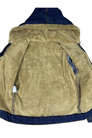Erkek Çocuk Kapüşonlu Fermuarlı Kışlık Ceket İçi Kürklü Kot Ceket Resear & RS2