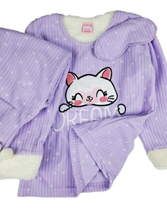 Kız Çocuk Polar Pijama Takımı Kedi Fitilli Dream