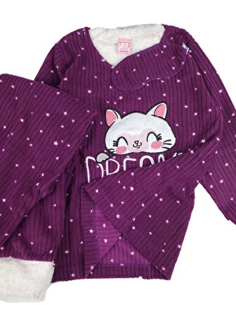 Kız Çocuk Polar Pijama Takımı Kedi Fitilli Dream