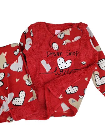 Kız Çocuk Polar Pijama Takımı Kışlık Gecelik Kalp Nakışlı