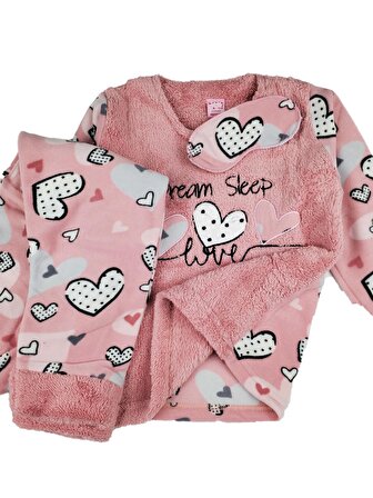 Kız Çocuk Polar Pijama Takımı Kışlık Gecelik Kalp Nakışlı