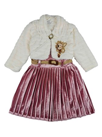 Kız Çocuk Kadife Piliseli Peluş Hırkalı Elbise 1-4 Yaş