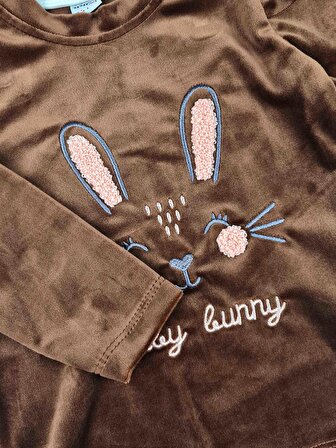 Kız Çocuk Kadife Kolu Fırfırlı Tavşan Baskılı Takım Baby Bunny