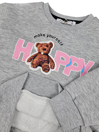 Kız Çocuk Üç İplik Ayı Baskı Nakışlı Sweatshirt Happy