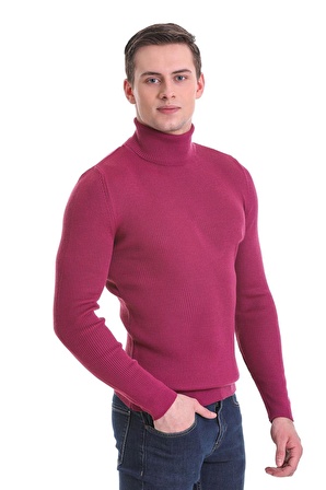 Fuşya Slim Fit Fitilli Balıkçı Yaka Yünlü Triko Kazak | L