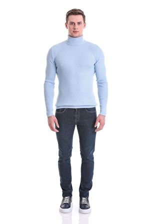Mavi  Slim Fit Fitilli Balıkçı Yaka Yünlü Triko Kazak | L
