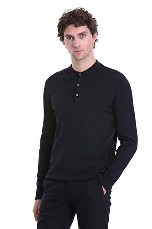 Lacivert Regular Fit Düz Polo Yaka Yünlü Triko Kazak | L