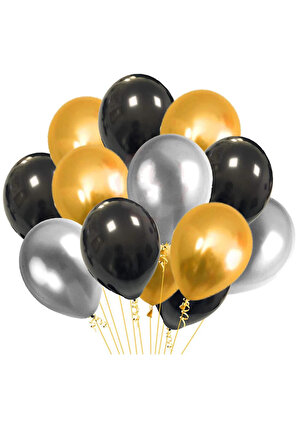 60 Adet Metalik Siyah,gümüş Gri,gold Altın Sarısı Parlak Balon Helyumla Uçabilen
