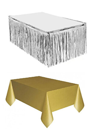 Plastik Gold Masa Örtüsü - Gümüş Metalize Masa Eteği Püskülü