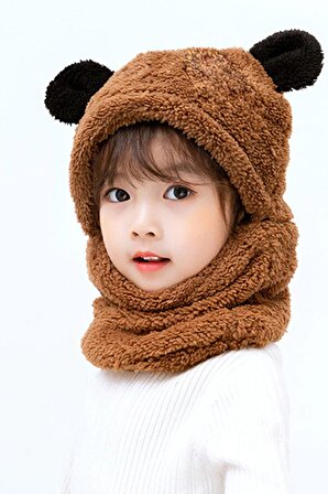 Panda Kahve Çocuk Kapşonlu Peluş Bere Atkı Welsoft Boyunluk Rüzgar Geçirmez Kulaklı Şapka 7-10 Yaş