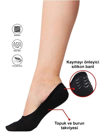 6 Çift Kadın Görünmez Kaydırmaz Topuk Silikonlu Babet Siyah Çorap