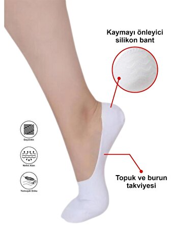 6 Çift Kadın Görünmez Kaydırmaz Topuk Silikonlu Babet Beyaz Çorap