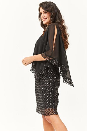 Kadın Büyük Beden Şifon Detay Payet Desenli Siyah Abiye & Davet Elbisesi