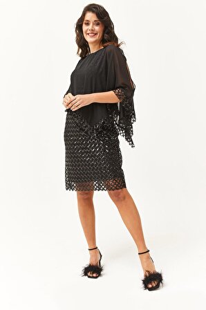 Kadın Büyük Beden Şifon Detay Payet Desenli Siyah Abiye & Davet Elbisesi