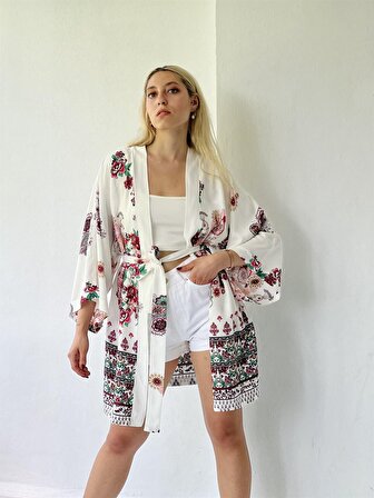 Retrobird Kadın Beyaz Renkli Etnik Desenli Kuşaklı Kimono