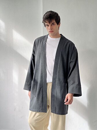 Retrobird Cepli Kışlık Hırka Kimono Unisex  Koyu Gri