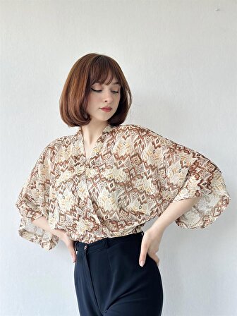 Retrobird Şifon Kumaş Etnik Desen Mini Kimono Kadın Kahverengi