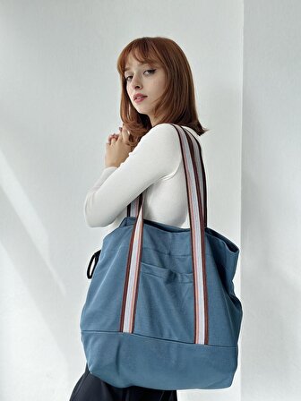 Retrobird Tasarım Parlak Yüzeyli Retro Desen Askılıklı  Tote Çanta Shopping Bag Kadın İndigo