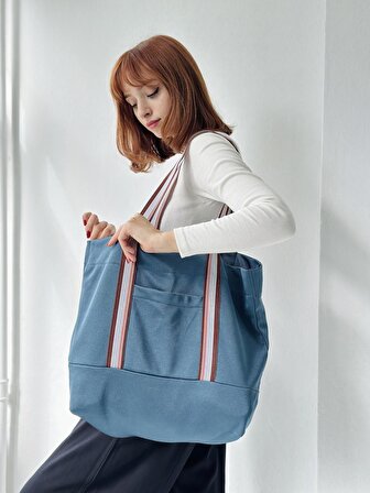 Retrobird Tasarım Parlak Yüzeyli Retro Desen Askılıklı  Tote Çanta Shopping Bag Kadın İndigo