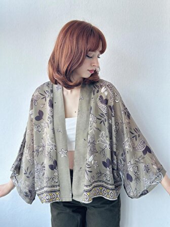 Retrobird Şal Desen Mini Kimono Kadın Haki