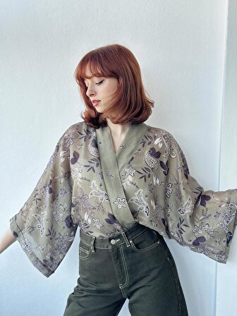 Retrobird Şal Desen Mini Kimono Kadın Haki