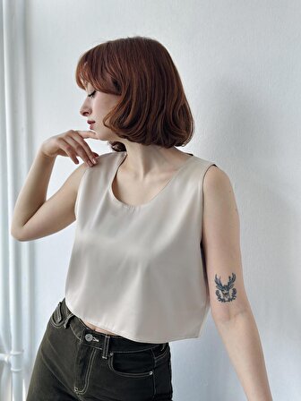 Retrobird Crop Basic Saten Atlet Bluz Kadın Krem