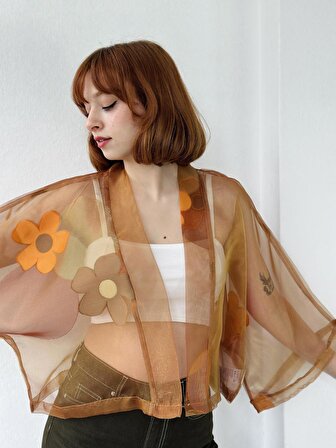 Retrobird Organze Tasarım Mini Kimono Kadın Tarçın