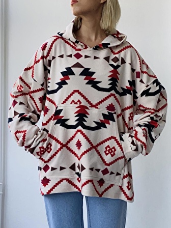 Retrobird Astek Desen Polar Kışlık Oversize Kapüşonlu Sweatshirt Unisex Krem