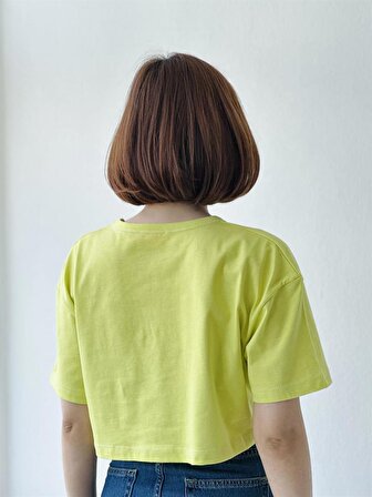 Retrobird Pamuklu Yumuşak Dokulu Rahat Kesim Kadın Basic Crop Tişört Kadın Sarı