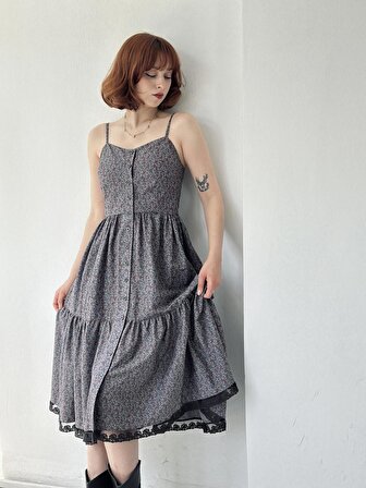 Retrobird Country Girl Ruffle Dantel Detaylı Tasarım Elbise Kadın Gri