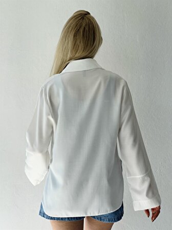Retrobird Retro Model Bol Uzun Kol Gömlek Kadın Beyaz