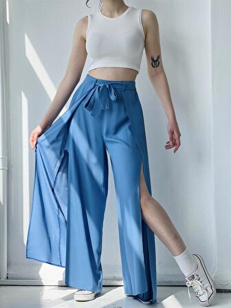 Retrobird Yırtmaç Detaylı Wide-Leg Pantolon Etek Kadın Mavi