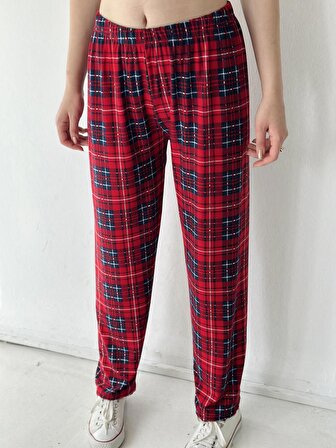 Retrobird Ekose Desen Pijama Altı Kadın Kırmızı