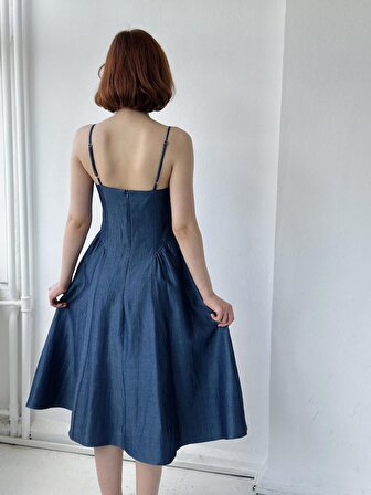 Retrobird Tasarım Korse Vurgulu Askılı Midi Elbise Kadın Koyu Mavi