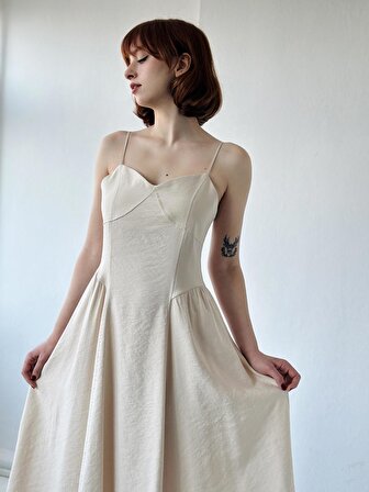 Retrobird Tasarım Korse Vurgulu Askılı Midi Elbise Kadın Krem