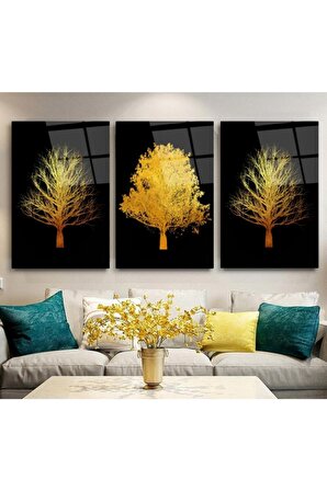 Gold Ağaçlar Triple Miyrem-Cam Tablo