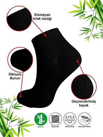 10 Çift Desensiz Düz Sade Kadın Patik Bambu Siyah Çorap - Bilek Boy Kısa Spor Koşu Yürüyüş Çorabı