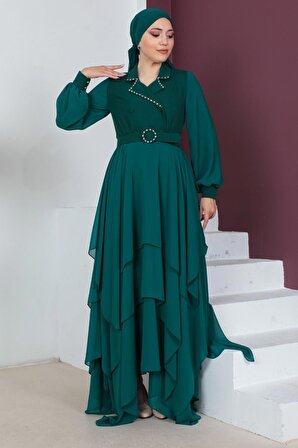 Ceket Yakalı Kat Kat Tesettür Abiye Elbise 750-Zümrüt Yeşili
