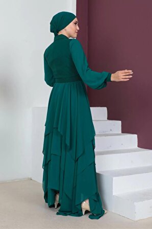 Ceket Yakalı Kat Kat Tesettür Abiye Elbise 750-Zümrüt Yeşili