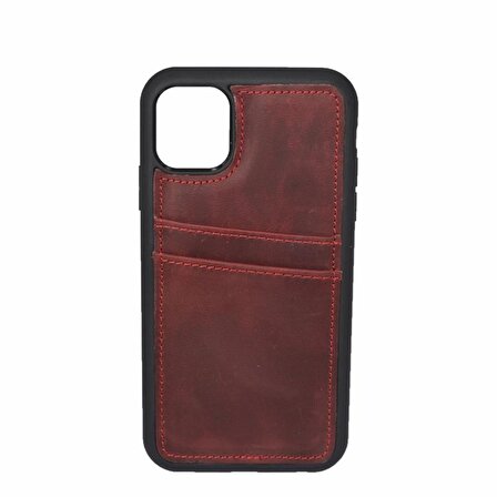 Çanta Yurdu - iPhone 12 Pro Max Hakiki Deri Kapak Back Cover Kartlıklı Telefon Kılıfı Kırmızı