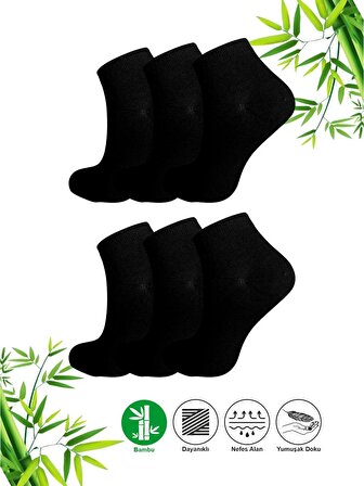 6 Çift Desensiz Düz Sade Kadın Patik Bambu Siyah Çorap - Bilek Boy Kısa Spor Koşu Yürüyüş Çorabı