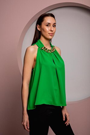 Kadın Yakası Zincirli Bluz Yeşil