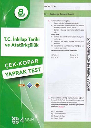 4 Adım 8.Sınıf T.C. İnkılap Tarihi ve Atatürkçülük Yaprak Test